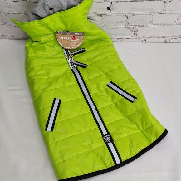 'PETRAGEOUS DESIGNS' REFLECTIVE FLEECE LINED DOG COAT NEON GREEN - Picture 1 of 15